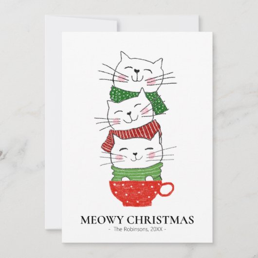 Meowy Kerstmis 3-kattenbekertjes Feestdagenkaart (Voorkant)