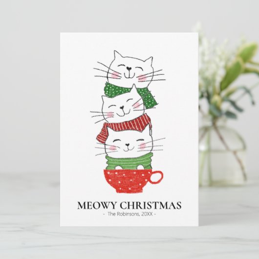 Meowy Kerstmis 3-kattenbekertjes Feestdagenkaart (Staand voorkant)