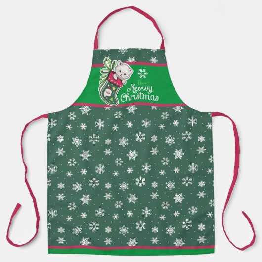 Meowy Kerstmis Apron Red en Green Schort (Voorkant)