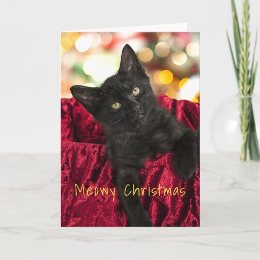 Meowy Kerstmis Black Kitten Holiday Greeting Card Kaart (Voorkant)