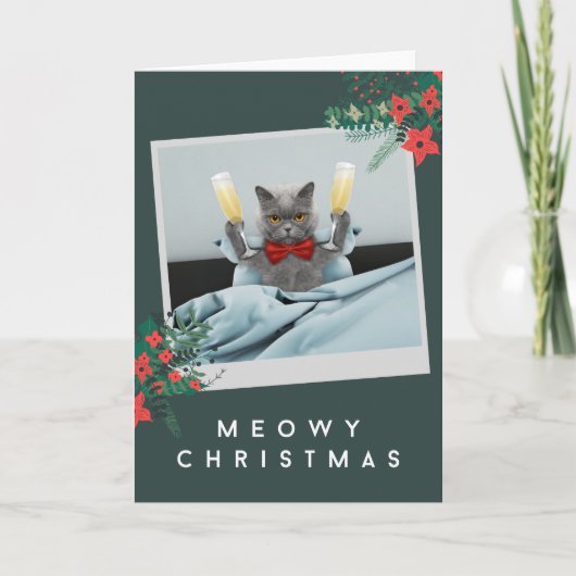 Meowy Kerstmis - Bow Stropdas Cat & Champagne Glas Feestdagen Kaart (Voorkant)