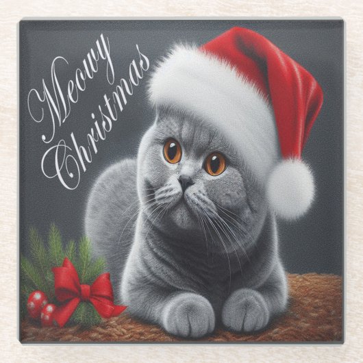 Meowy Kerstmis Britse Korthaar Santa Cat Glazen Onderzetter (Voorkant)