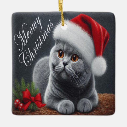 Meowy Kerstmis Britse Korthaar Santa Cat Keramisch Ornament (Voorkant)