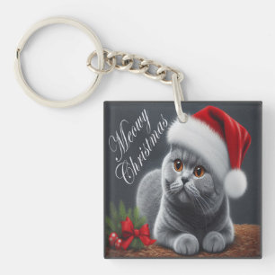 Meowy Kerstmis Britse Korthaar Santa Cat Sleutelhanger