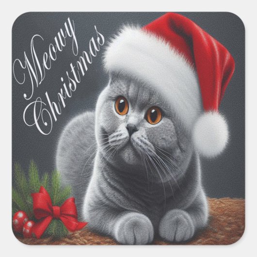Meowy Kerstmis Britse Korthaar Santa Cat Vierkante Sticker (Voorkant)