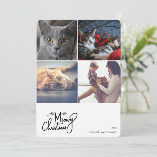 Meowy Kerstmis Custom 4 vierkante gevormde foto's Feestdagenkaart (Staand voorkant)