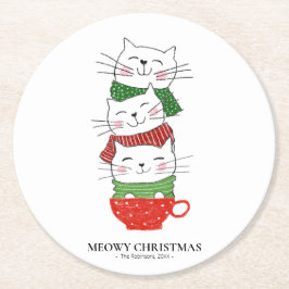 Meowy Kerstmis, drie kerst met carves Funny Cute Ronde Kartonnen Onderzetter