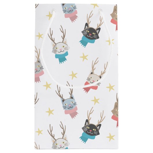 'Meowy Kerstmis'-feestkat in Antlers Patroon Klein Cadeauzakje (Achterkant)