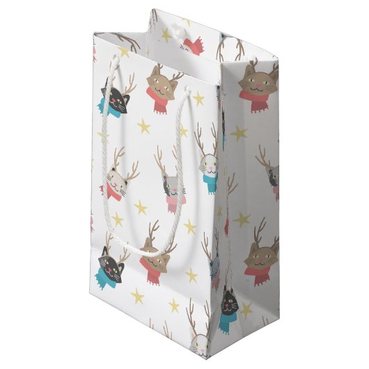 'Meowy Kerstmis'-feestkat in Antlers Patroon Klein Cadeauzakje (Voorkant Gekanteld)