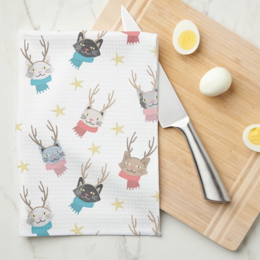 'Meowy Kerstmis'-feestkat in Antlers Patroon Theedoek (Quarter Fold)