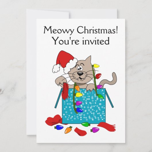 Meowy Kerstmis Funny Cartoon Cat Party Invites Kaart (Voorkant)