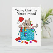 Meowy Kerstmis Funny Cartoon Cat Party Invites Kaart (Staand voorkant)