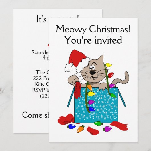 Meowy Kerstmis Funny Cartoon Cat Party Invites Kaart (Voorkant / Achterkant)