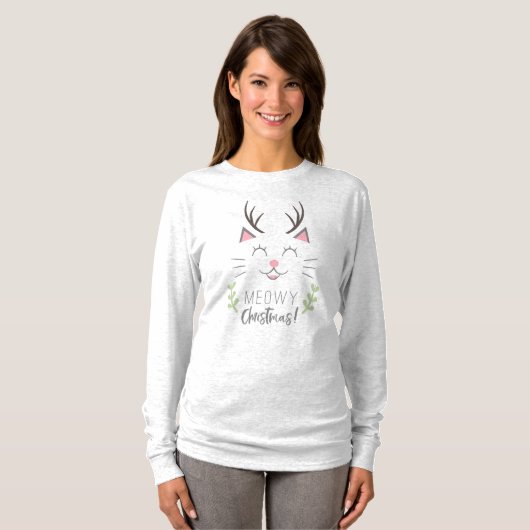 Meowy Kerstmis | Funny Cat Illustration T-shirt (Voorkant volledig)