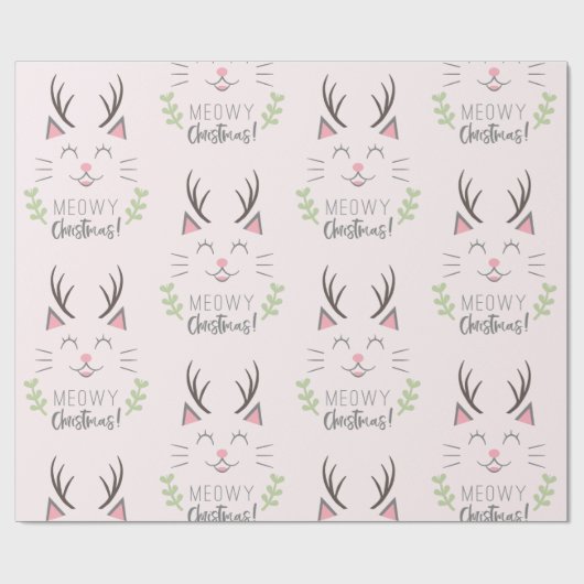 Meowy Kerstmis | Funny Cat met Antlers Patroon Cadeaupapier (Vlak)