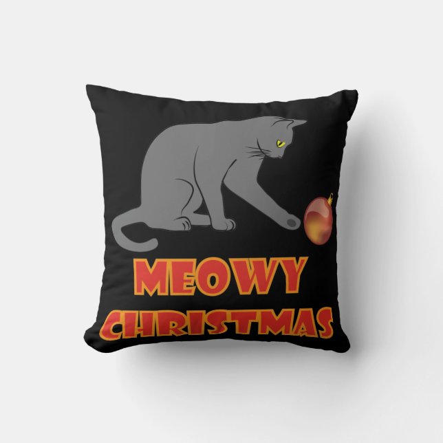 Meowy Kerstmis Funny Gray Cat Kussen (Voorkant)