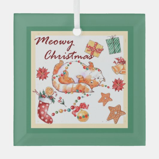 Meowy Kerstmis Gekke kat Glas Ornament (Voorkant)