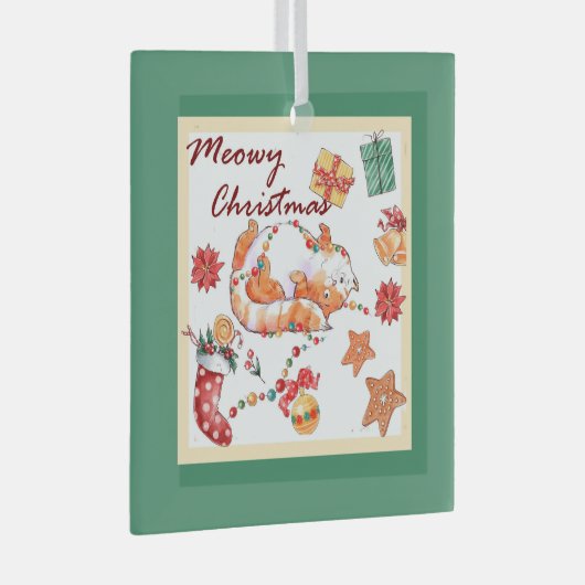 Meowy Kerstmis Gekke kat Glas Ornament (Voorkant Rechts)