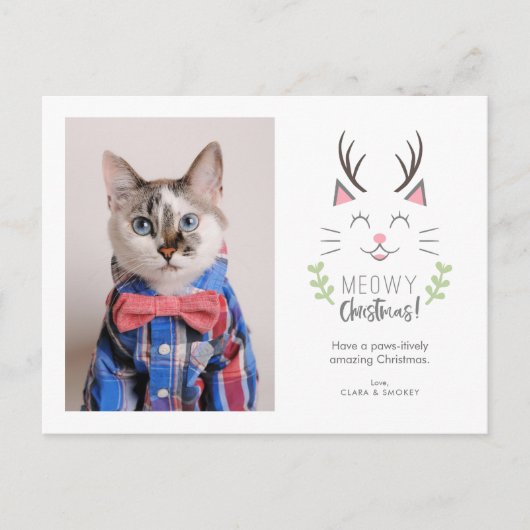 Meowy Kerstmis grillige kat met gewei Foto Feestdagenkaart (Voorkant)