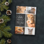 Meowy Kerstmis - Kat Foto Collage Aankondiging<br><div class="desc">Een charmante zwarte en witte kerstkaart met Meowy Kerstmis,  geschreven in witte,  met de hand geschreven lettertypen,  versierd met oren en whiskers. Voeg vijf foto's van uw kat(s) toe,  samen met uw namen en het jaar.</div>