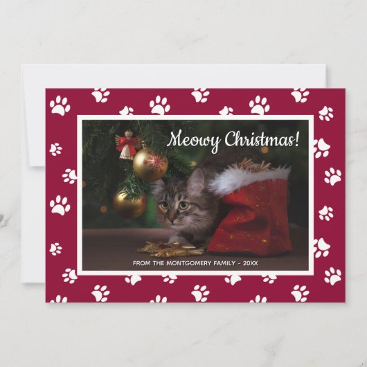 Meowy Kerstmis! Kat foto van Cat Cat White Paw-pri Feestdagenkaart (Voorkant)