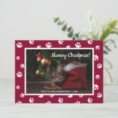 Meowy Kerstmis! Kat foto van Cat Cat White Paw-pri Feestdagenkaart (Staand voorkant)