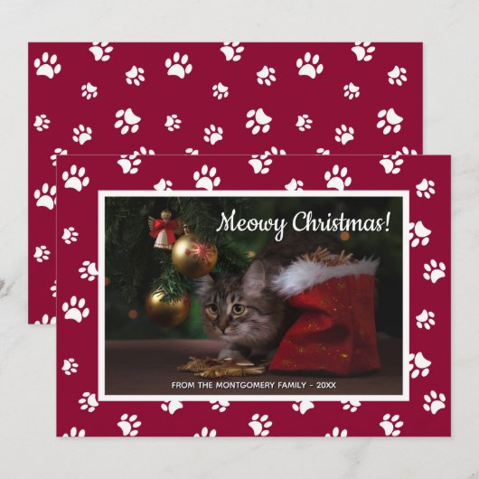 Meowy Kerstmis! Kat foto van Cat Cat White Paw-pri Feestdagenkaart (Voorkant / Achterkant)