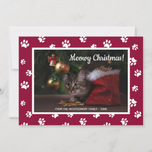 Meowy Kerstmis! Kat foto van Cat Cat White Paw-pri Feestdagenkaart