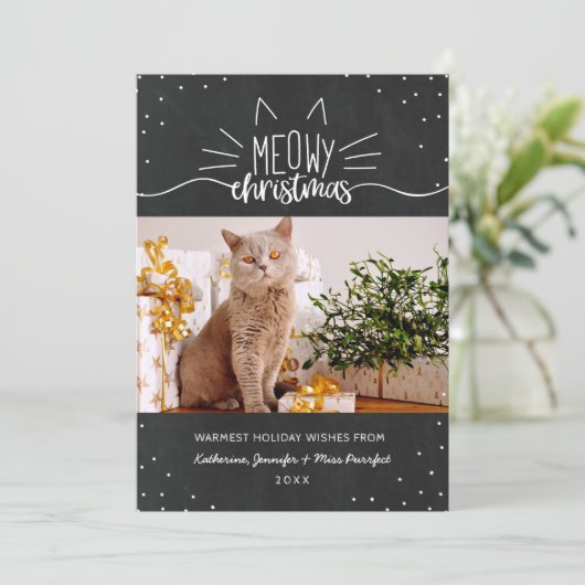 Meowy Kerstmis - Kat kerstfoto Feestdagenkaart (Staand voorkant)