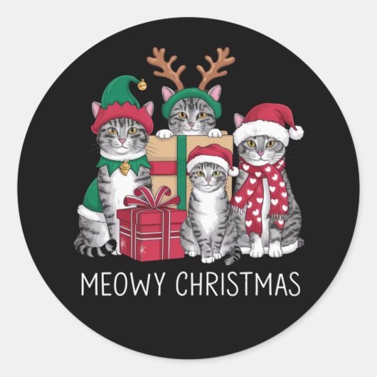 Meowy Kerstmis Kat Xmas Grappige Katten Liefhebber Ronde Sticker (Voorkant)