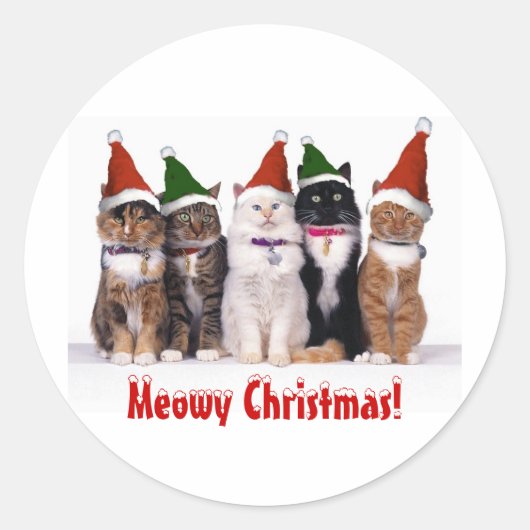 "Meowy Kerstmis!" Katten in Petten Ronde Sticker (Voorkant)