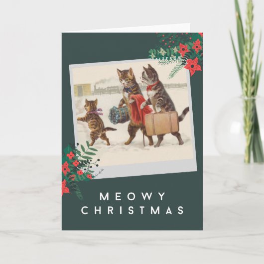 Meowy Kerstmis - Kattenfamilie in sneeuw Feestdagen Kaart (Voorkant)