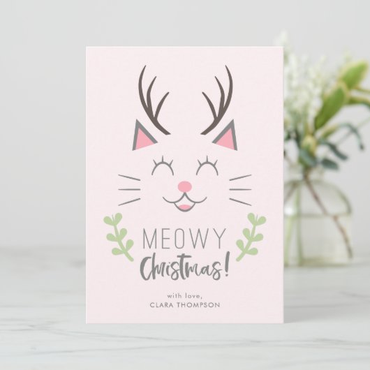 Meowy Kerstmis | Kerst van de Cute Cat Pun Feestdagenkaart (Staand voorkant)