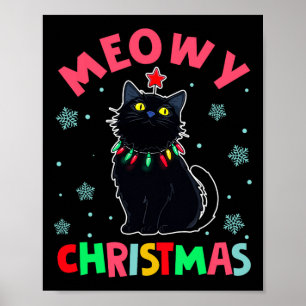 Meowy Kerstmis Kerstverlichting Zwarte Kat Pyjama  Poster
