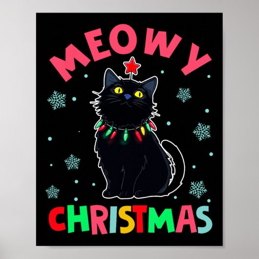 Meowy Kerstmis Kerstverlichting Zwarte Kat Pyjama  Poster (Voorkant)
