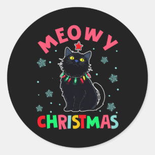 Meowy Kerstmis Kerstverlichting Zwarte Kat Pyjama  Ronde Sticker