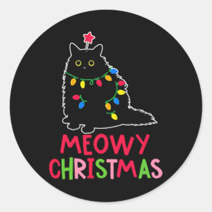 Meowy Kerstmis Kerstverlichting Zwarte Kat Pyjama Ronde Sticker