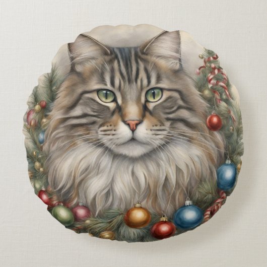 Meowy Kerstmis, Maine Coon Kat Lover Gifts Rond Kussen (Voorkant)