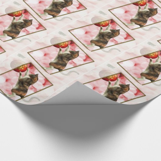 Meowy Kerstmis met een speelse kat. Cadeaupapier (Hoek)