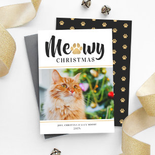 Meowy Kerstmis Modern Gold Cat Photo Holiday Kaart