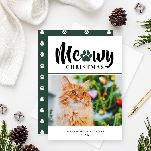 Meowy Kerstmis Modern Green Cat-fotokaart