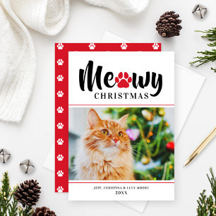 Meowy Kerstmis Modern Red Cat Foto Holiday Card