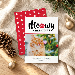Meowy Kerstmis Modern Red Cat Foto Holiday Card