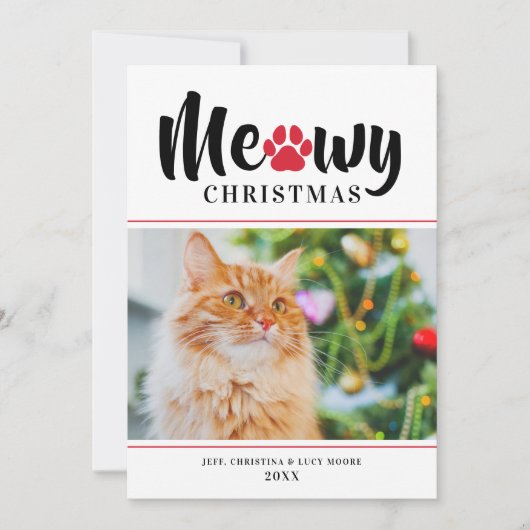 Meowy Kerstmis Modern Red Cat Foto Holiday Card (Voorkant)