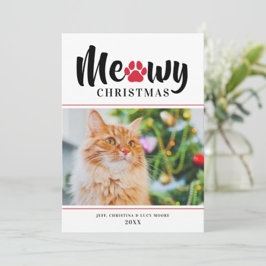 Meowy Kerstmis Modern Red Cat Foto Holiday Card (Staand voorkant)