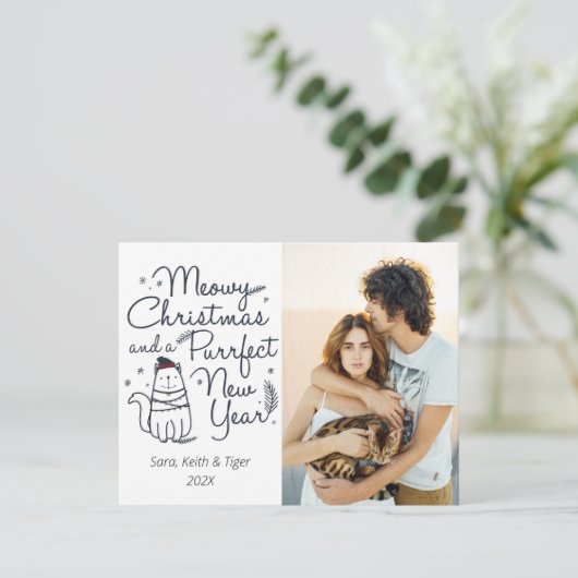 Meowy Kerstmis & Purfect Nieuwjaar Kat Kerstmis Feestdagenkaart (Staand voorkant)