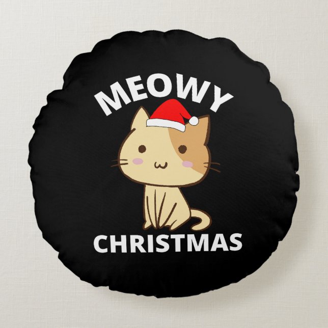 Meowy Kerstmis Rond Kussen (Voorkant)