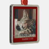 Meowy Kerstmis Rustic Red Silver Metalen Ornament (Rechts)