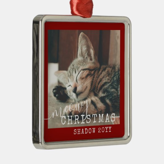 Meowy Kerstmis Rustic Red Silver Metalen Ornament (Rechts)