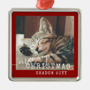 Meowy Kerstmis Rustic Red Silver Metalen Ornament